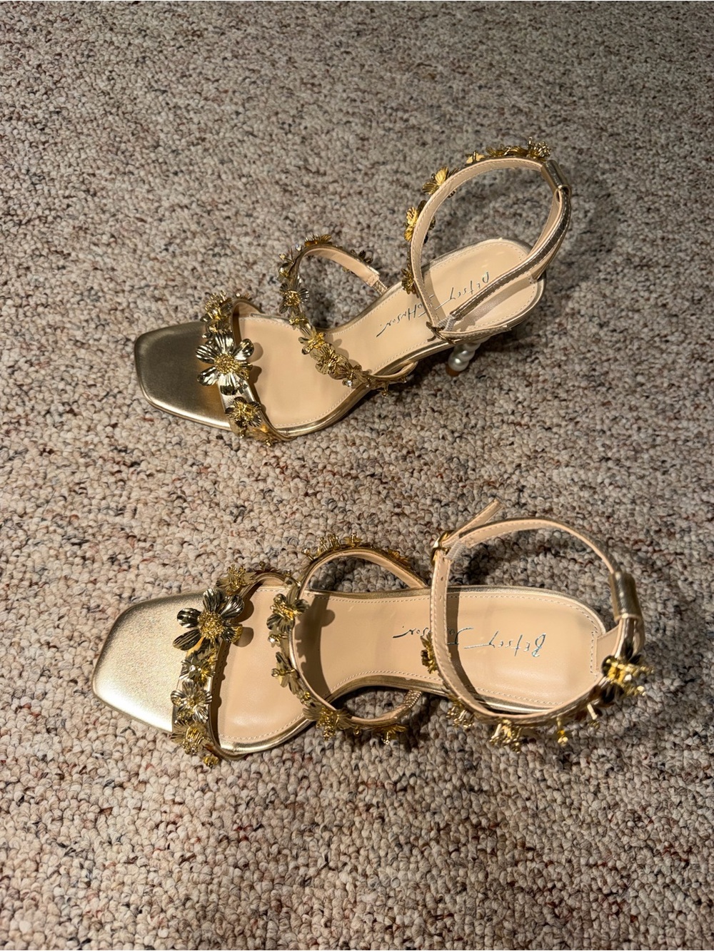 Betsey Johnson Metallic Gold Floral Pearl-Stack Heeled Sandals - Picture 3 of 6